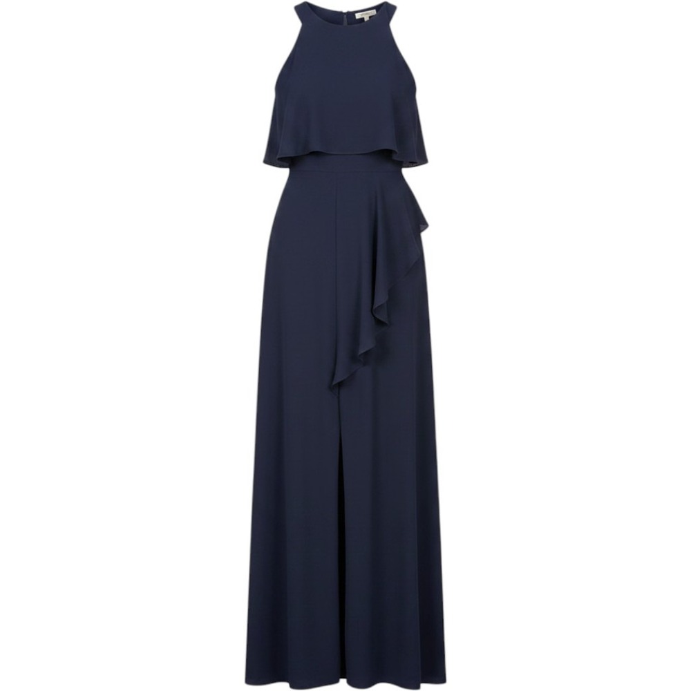 ASOS Navy Blue Sleeveless Halter Neck Ruffle Maxi Dress Size 12 06652445